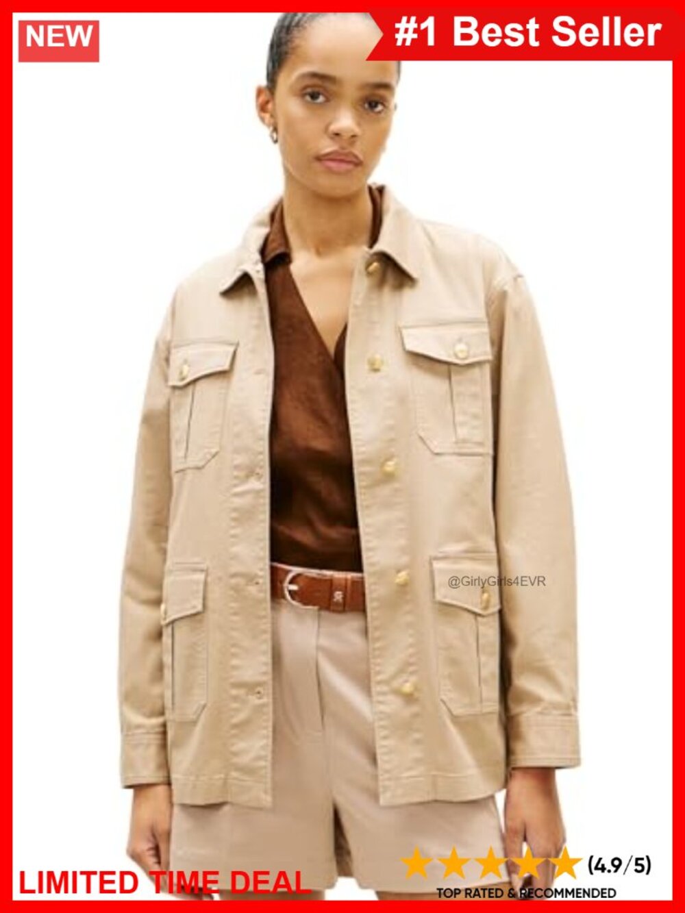 Lightweight Cotton Utility Jacket Button Pockets Waist Tie Casual